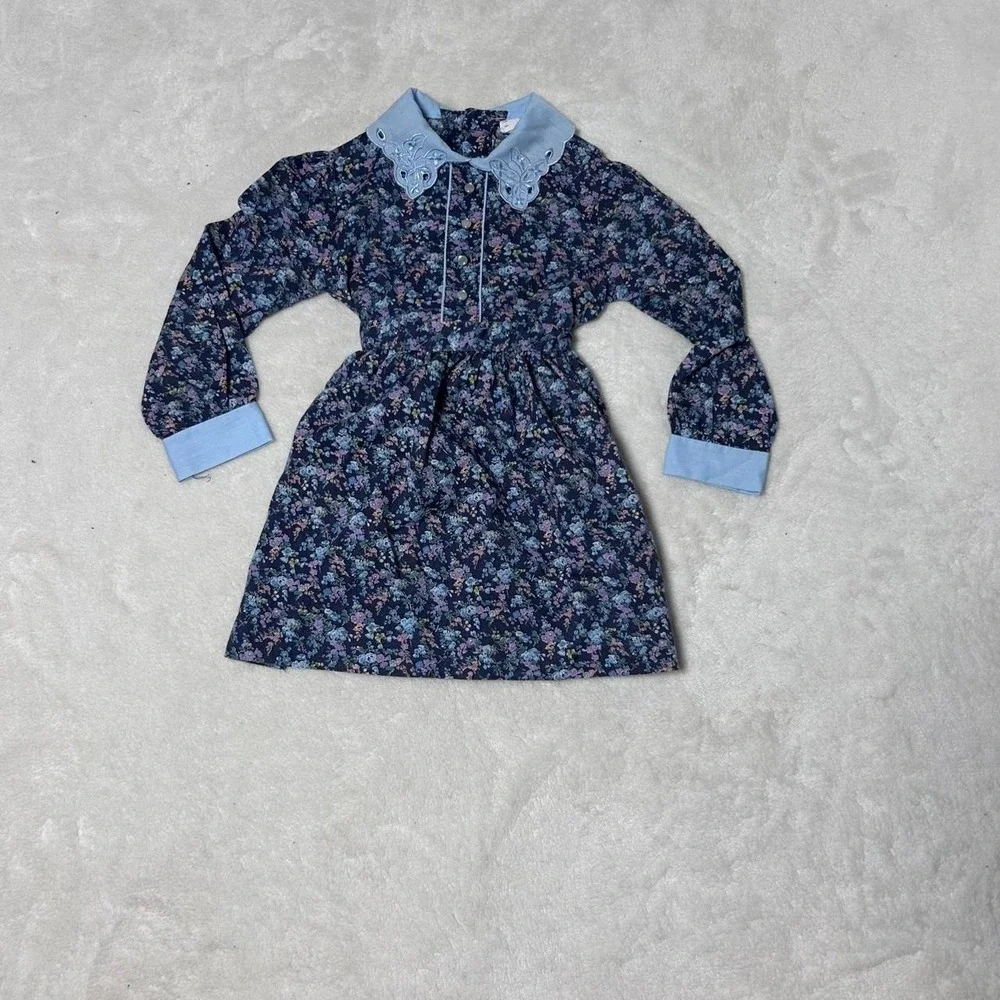 Vintage Nannette blue floral dress with collar and tie  girls Size 4 #floral